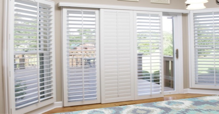 [Polywood|Plantation|Interior ]211] shutters on a sliding glass door in San Diego